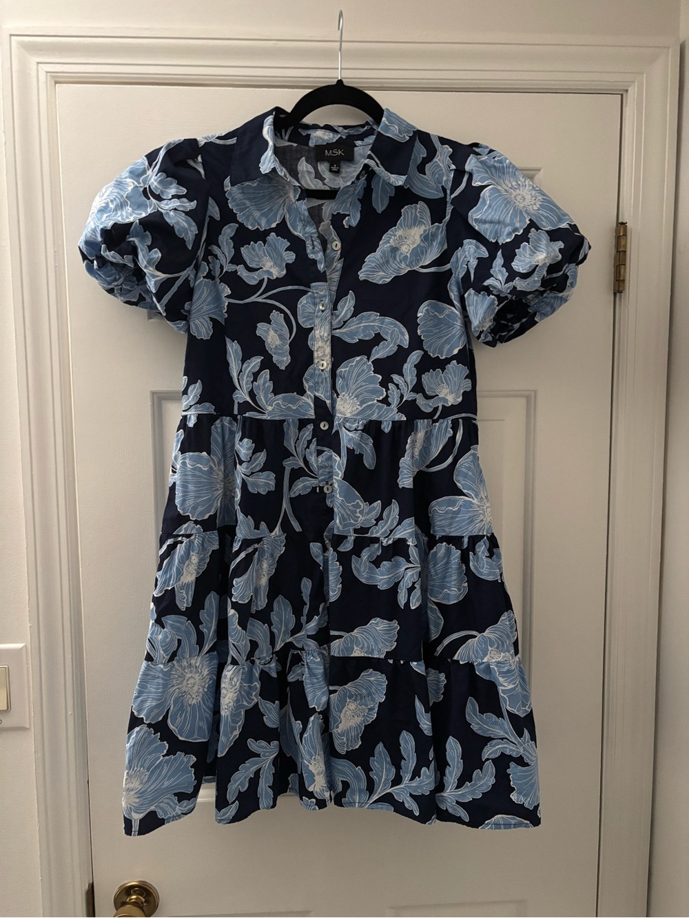 MSK Navy and Light Blue Floral Button-Front Dress